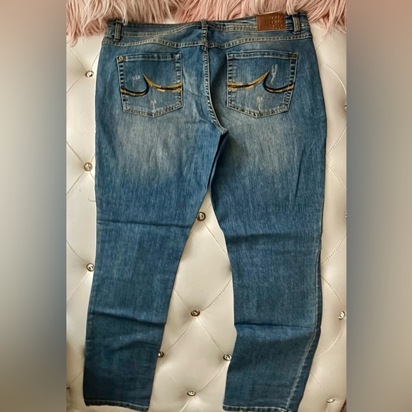 INC International Concepts Blue Medium Wash Patchwork Skinny Jeans Size 16 - Picture 6 of 8